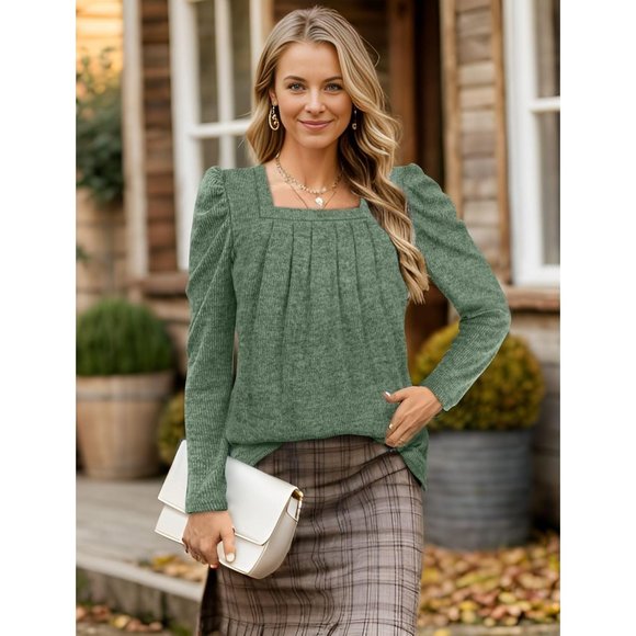 Womens  Lightweight Puff Sleeve Pleated Square Neck Tunic Sweaters Shirts - Picture 2 of 5